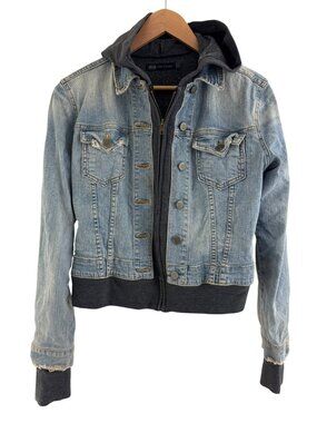 JET John Eshaya Attached Hood Sweatshirt Jean Denim Jacket Full Zip Size S Crop